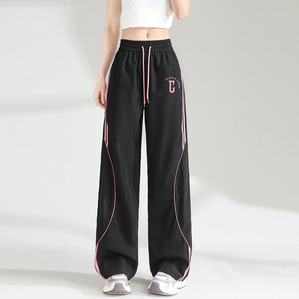 2025 Spring/Summer Splicing Fashion Printed Two Bar American Street Pattern Sports Pants Ice Silk Thin Pants