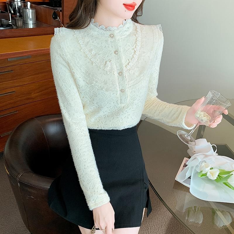 Модная новинка 2024 года, зимняя блузка с длинным рукавом и воротником-стойкой, с оборками, из абрикосового бархата, кружевная блузка, женская рубашка, топы, блузки, рубашки J812