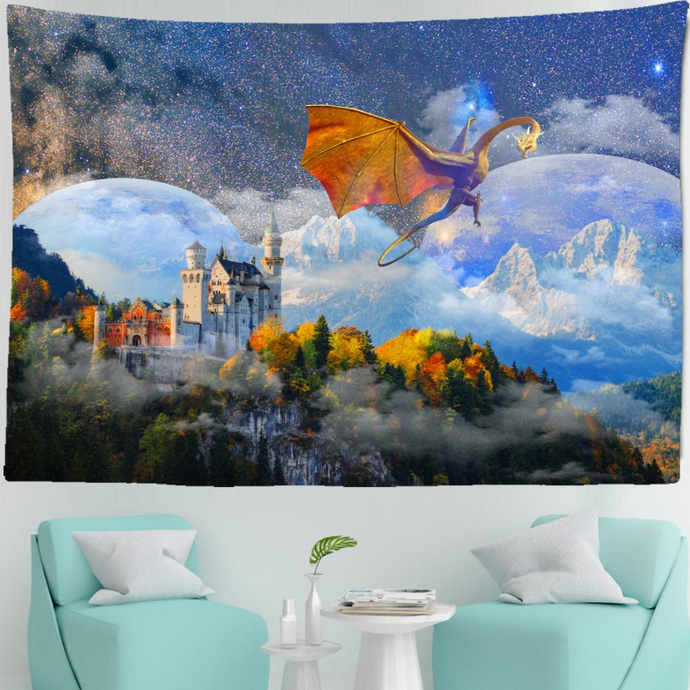 Летающий Дракон Сказочный Замок Гобелен Настенный Богемный Картина Маслом Хиппи Ковер Детская Комната Общежитие Семейный Декор