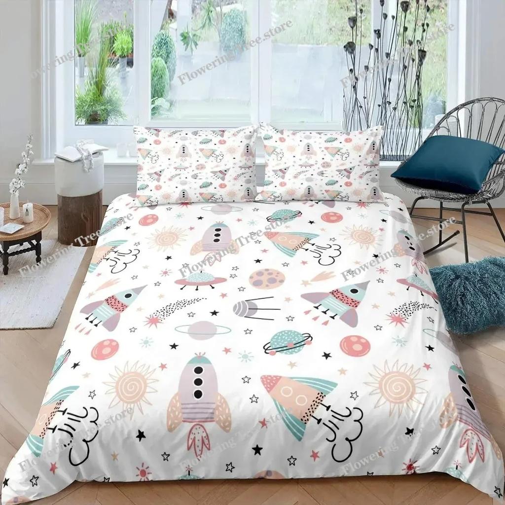 Комплект постельного белья «Ракета» King Size, комплект постельного белья «Космический корабль», микрофибра, космический корабль, звезды, планета, мультяшный стиль, пододеяльник