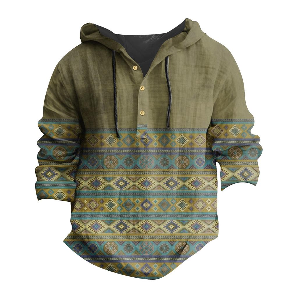 Printed Men's Cotton And Linen Shirt Hooded Long-sleeved Hooded Spring And Summer Casual Daily Wear