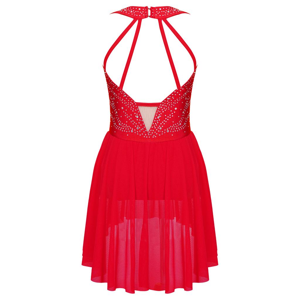 Детское платье для выступлений с асимметричным подолом и бретелями сзади для танцев на льду