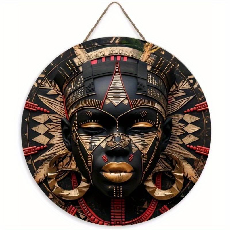 Wood Unique African Mask Circular Wooden Sign with Artistic Design, Suitable for Door, Wall, Home, Room, Farmhouse, Street, Shop, Garage, Bar, Garden
