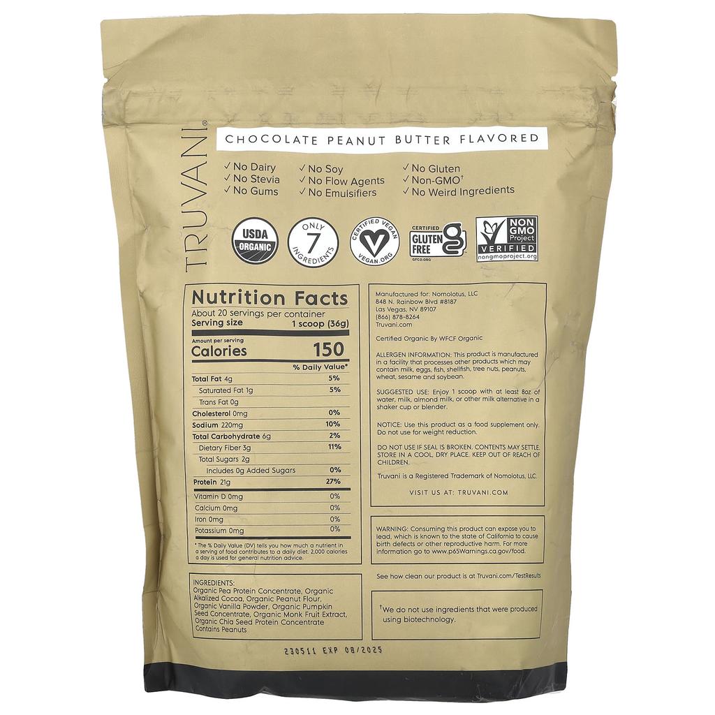 Truvani Протеиновый порошок на растительной основе, Шоколадное арахисовое масло, 1,61 фунта (730 г)