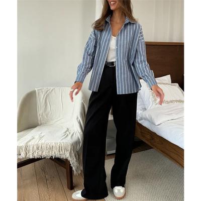 Женская летняя полосатая рубашка с длинными рукавами, лацканами, свободного кроя