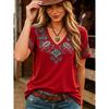 Women's T-shirt with V-neck and 3D Print, Casual Denim Style, Dark Brown with Turquoise, Vintage Ethnic Design