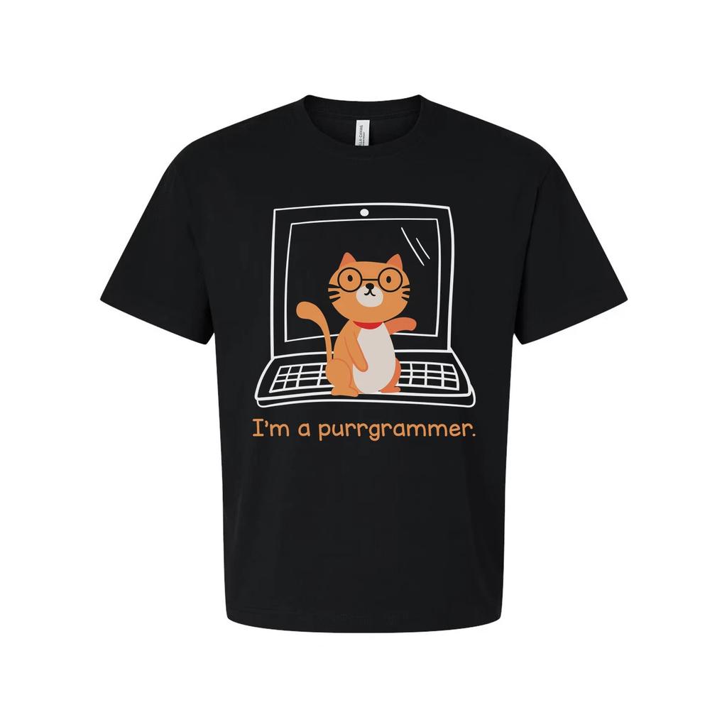 Унисекс футболка с котом-программистом в очках на ноутбуке Графика Purrrgrammer Юмор