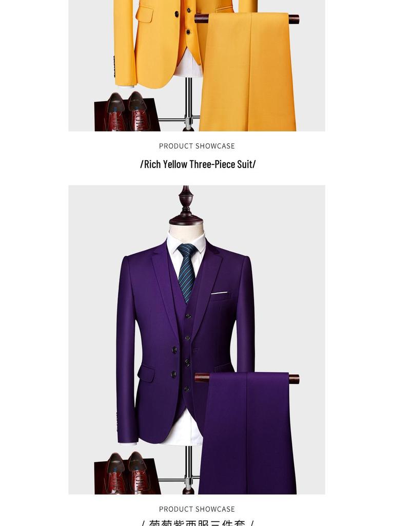 Men's Slim Fit Three-Piece Suit, Multi-Color British Wedding Tuxedo, Plus Size Groomsman Set