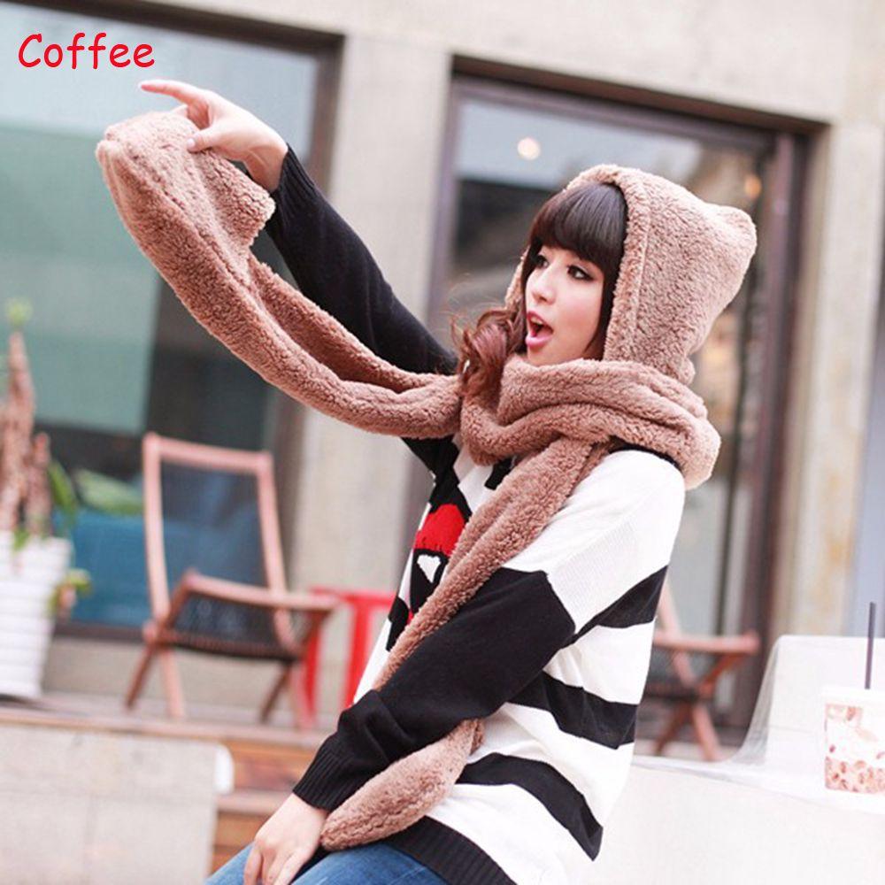 Women Long Warm Plush Velvet Hooded Scarf 3 In 1 Pocket Gloves Hats