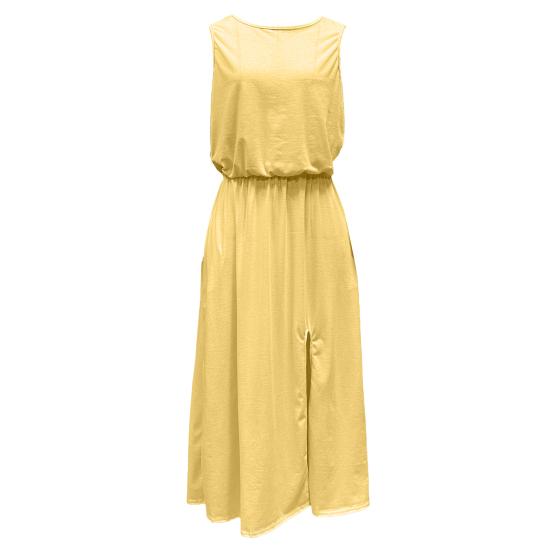 Женское летнее платье с плиссировкой, круглым вырезом, без рукавов, однотонное, свободное, с разрезом, макси-платье, повседневная одежда для свиданий, вечеринок, длинное платье