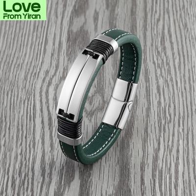 Новый двухрядный глянцевый нержавеющая сталь модный крутой ювелирный унисекс панк парный браслет зеленый широкий кожаный браслет с подвесками