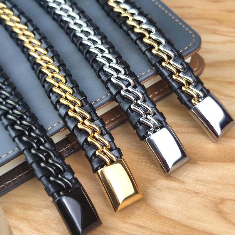 Genuine Leather Chain Bracelet For Men Magnetic Stainless Steel Clasp In Black Silver Gold Exclusive Jewellery Great Gift Idea