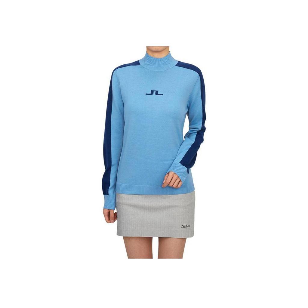 J.Lindeberg Color Block Striped Badge Print Mock Neck Long Sleeve Sweater Women sweater Blue AWKW09383-O092