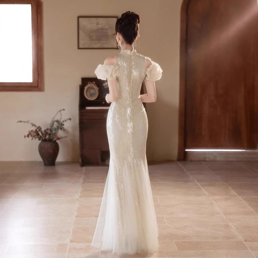 Chinese cheongsam toast dress one-word shoulder light luxury niche heavy industry fishtail sequins flash host evening dress