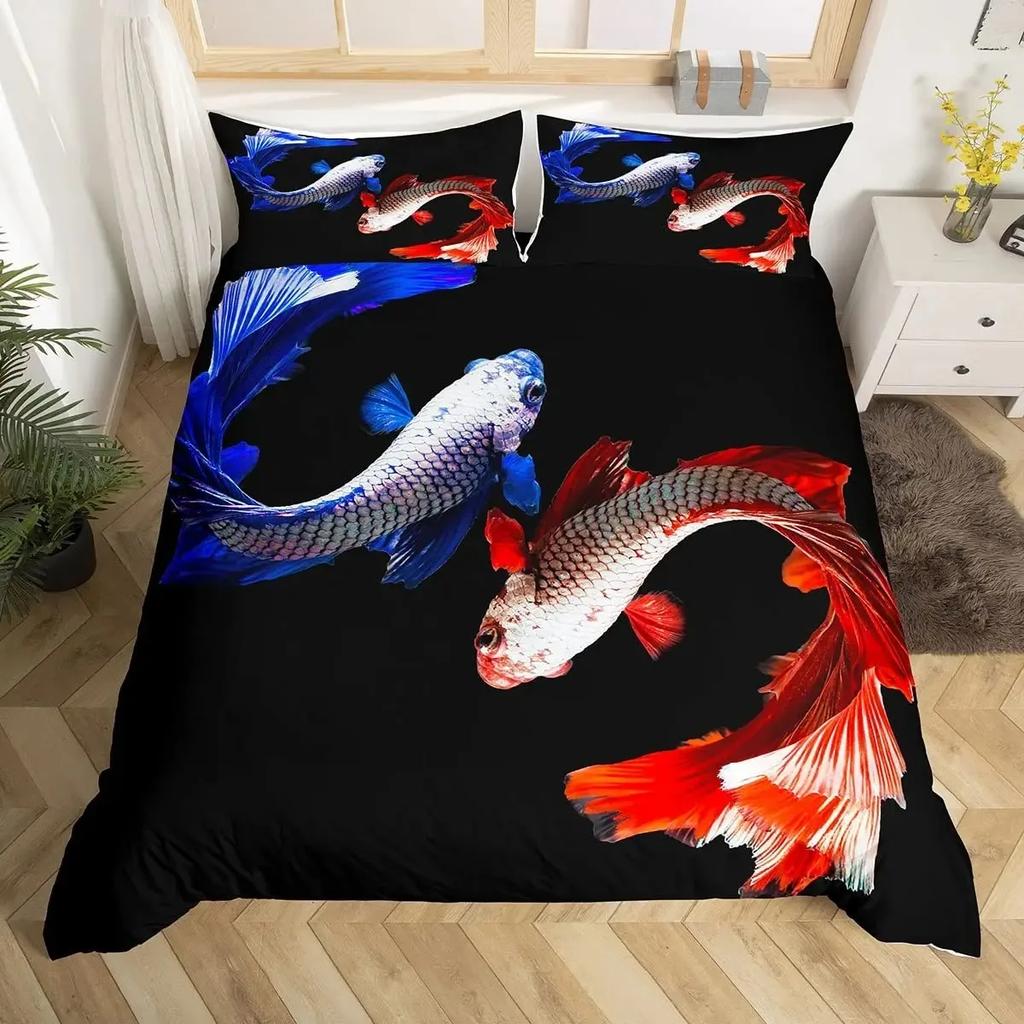 Koi Fish Duvet Cover Set Carp Tie Dye Bedding Sets Traditional Chinese Ink Art Bedspread Lotus Leaf Nature Quilt Cover Full Size