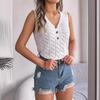 Summer Solid Color Button V-neck Hollow Sleeveless Top Vacation Sweater