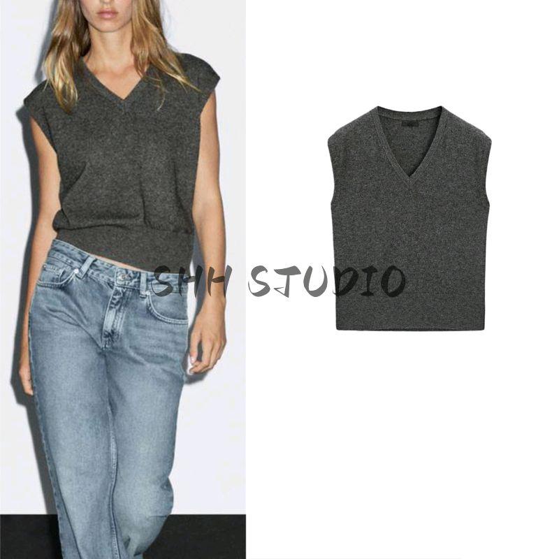 MD Autumn New Women Clothes Gray Simple Soft Glutinous Fleece Blended V-neck Knitted Vest Vest 5769593