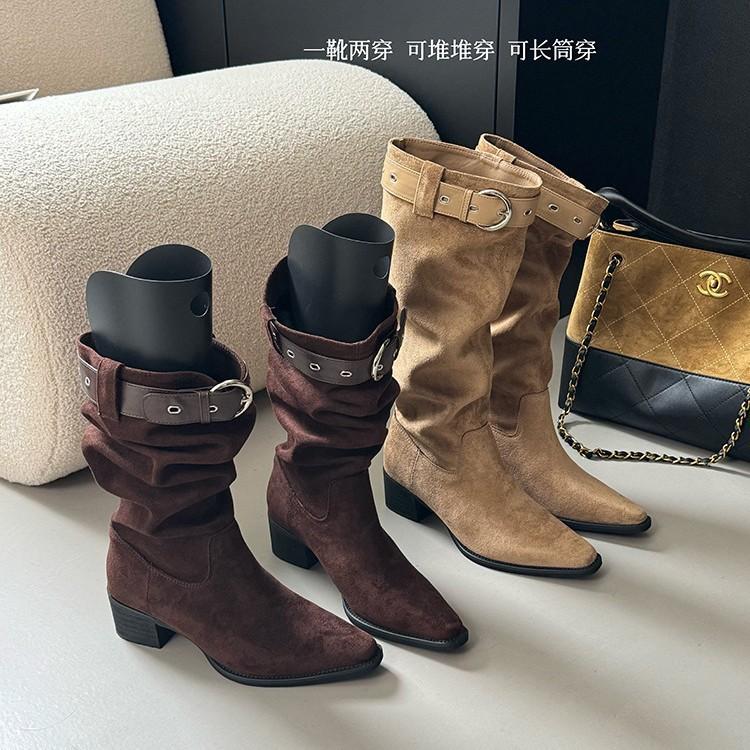 Soft-soled Retro Stacking Boots Thick-heeled Short Boots Women's 2025 New Autumn Long Tube Slim Western Cowboy Martin Boots Tide