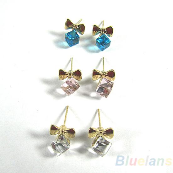 Women Shimmers Chic Bowknot Shiny Cube Rhinestone Ear Studs Cute Dangle Earrings