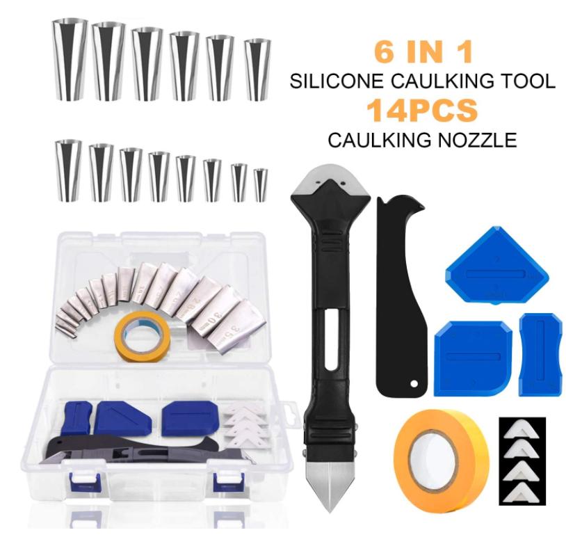 6 in 1 Silicone Caulking Tools 14Pcs Caulk Nozzle Applicator Finisher Kit Sealant Finishing Tool Grout Scraper