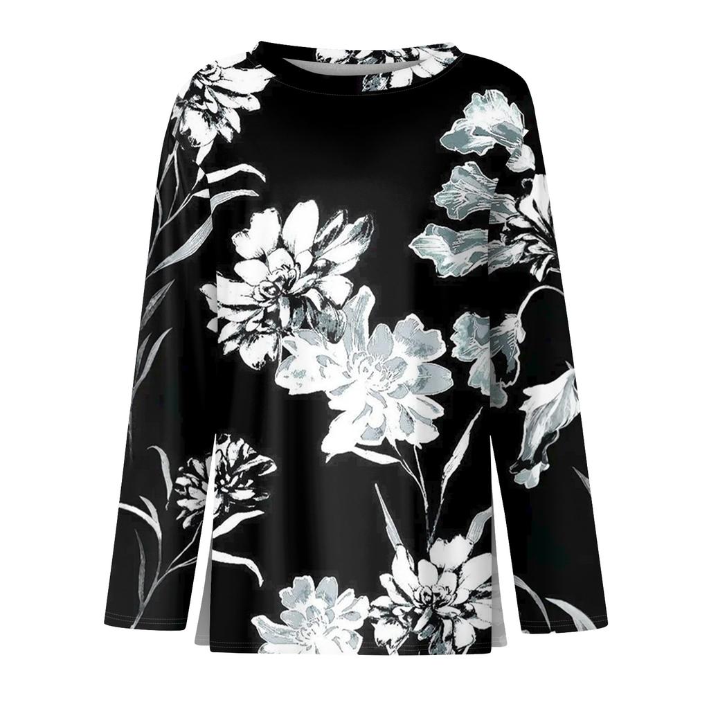 Women's Fashion Casual Slit Hem Round Neck Long Sleeve Loose Printed T-Shirt Ladies Top