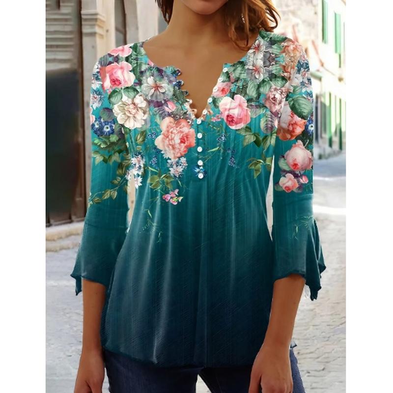 Новые женские весенние пышные футболки с цветочным принтом и длинными рукавами, свободные футболки с v-образным вырезом размера плюс, топы, рубашки и блузки