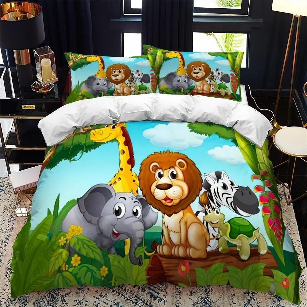 Cartoon Animal Duvet Cover King Queen Zoo Tiger Elephant Lion Bedding Set Kids Colorful Wildlife 2/3pcs Polyester Quilt Cover