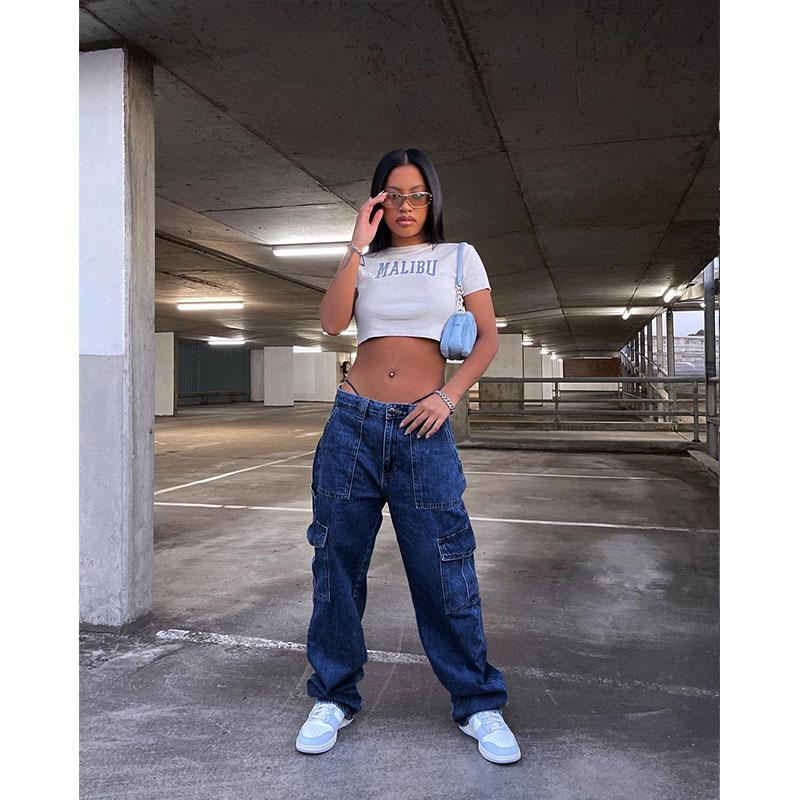 Широкие женские джинсы-карго Baggy с эластичной талией