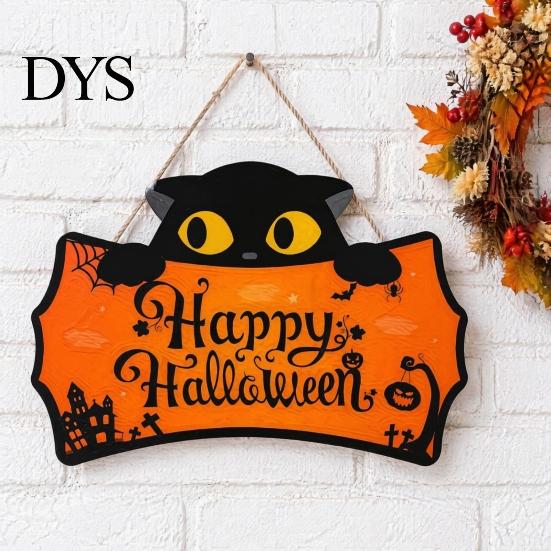 Holiday Home Wall Decorations Halloween Wooden Door Hanging Plaque, Printed Black Cat Pumpkin Castle Spider Web Front Autumn Festival Ornaments Sign,