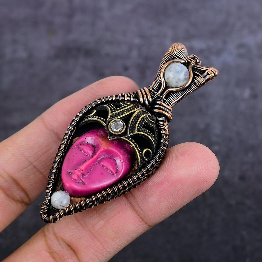 Natural Cameo, Moonstone Gemstone Copper Wire Wrap Jewelry Pendant 3.07" W8f93