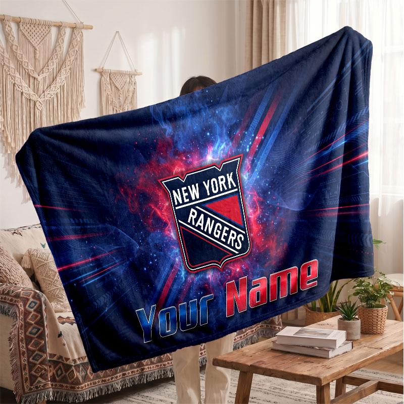 New York Rangers Flannel Blanket, Custom Name Text Personalized Soft Throw Blanket Home Decor Gift