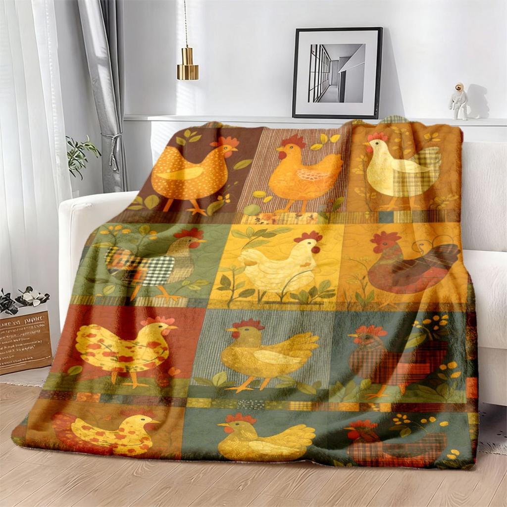 MidCentury Patchwork Chicken Pattern Flannel Throw Blanket | Digital Print Soft Polyester, All Seasons Comfort for Bed, Sofa, Camping, 200-250GSM