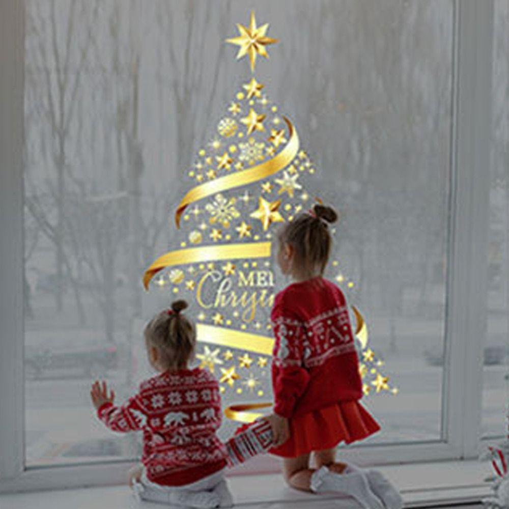 Золотые наклейки на окна в виде рождественской елки, креативный декор, настенная роспись, украшение для дома, обои, подарок