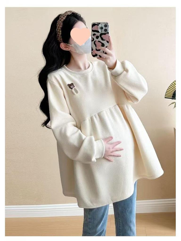 2025 Корейский стиль Свободный с круглым вырезом Флисовый свитшот для беременных на осень/зиму