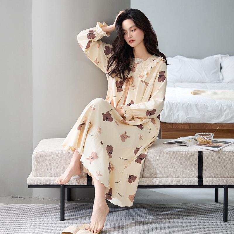 Женская ночная сорочка для беременных из 100% чистого хлопка с антибактериальным эффектом, в корейском стиле, с длинным рукавом - свободного кроя для осени/зимы/весны