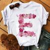 26 Letters Print T-Shirt Alphabet with Pink Flower Harajuku White Graphic Tee Casual Short Sleeve Lady Y2k Tops Women's Clothing