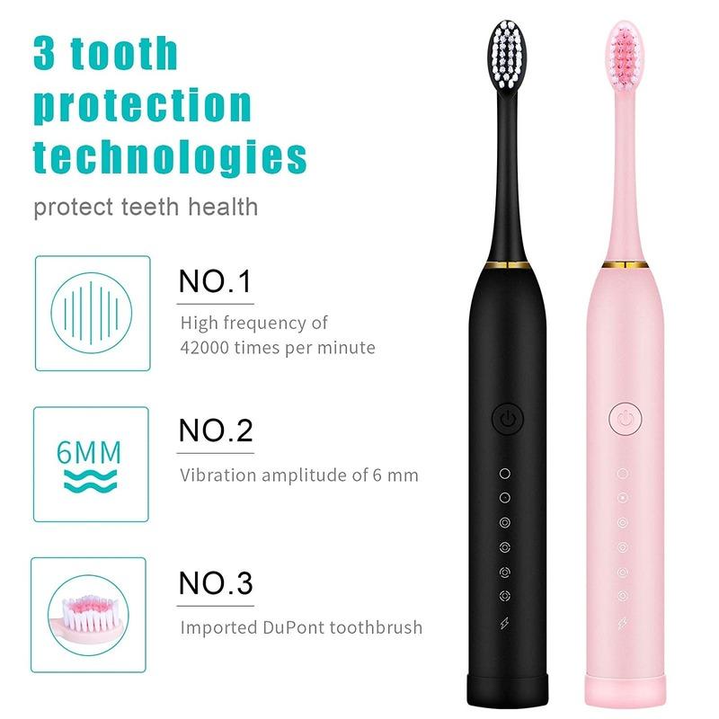 6 режимов, электрические зубные щетки для взрослых и детей, умный таймер, перезаряжаемая отбеливающая зубная щетка, IPX7, водонепроницаемая, 4 насадки