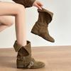 Retro Belt Buckle Mid-leg Boots Women's  Autumn New Skinny All-match Inner Heightening Western Boots