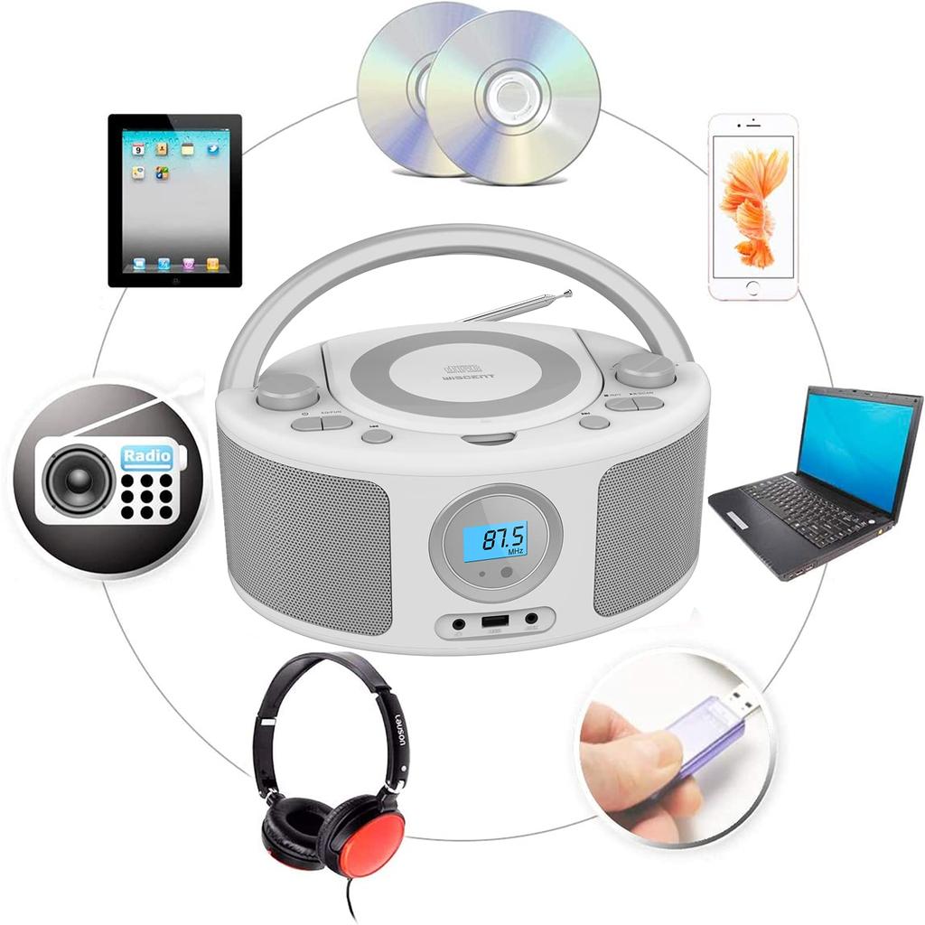 WISCENT Portable CD Player with Bluetooth, FM Radio, MP3 Playback, USB Playback, and AUX Input for Music Listening, Language Learning, and Fetal