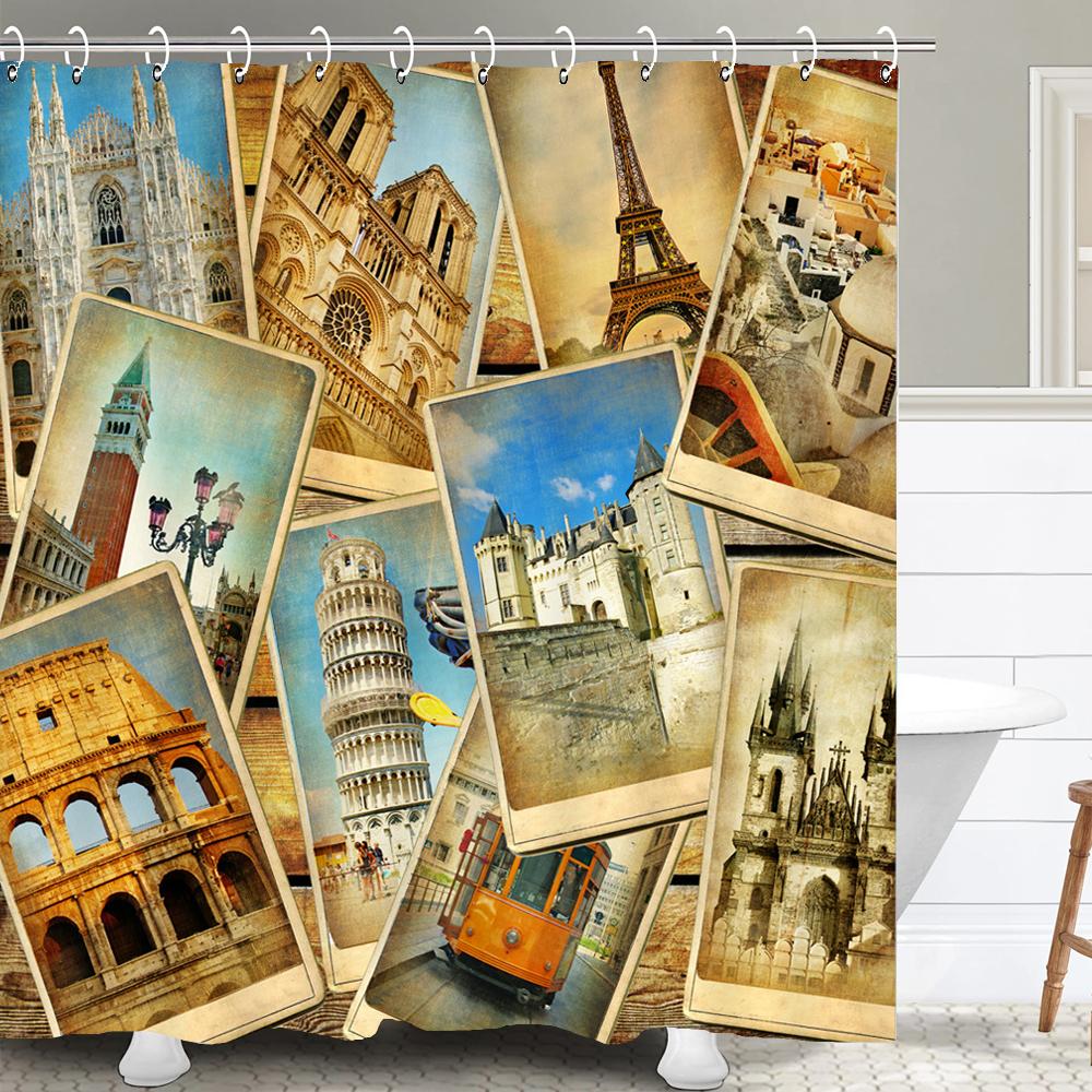 Famous Architectural Scenery Shower Curtain Printed European Landscape Polyster Home Decor Bathroom Curtain with Hooks