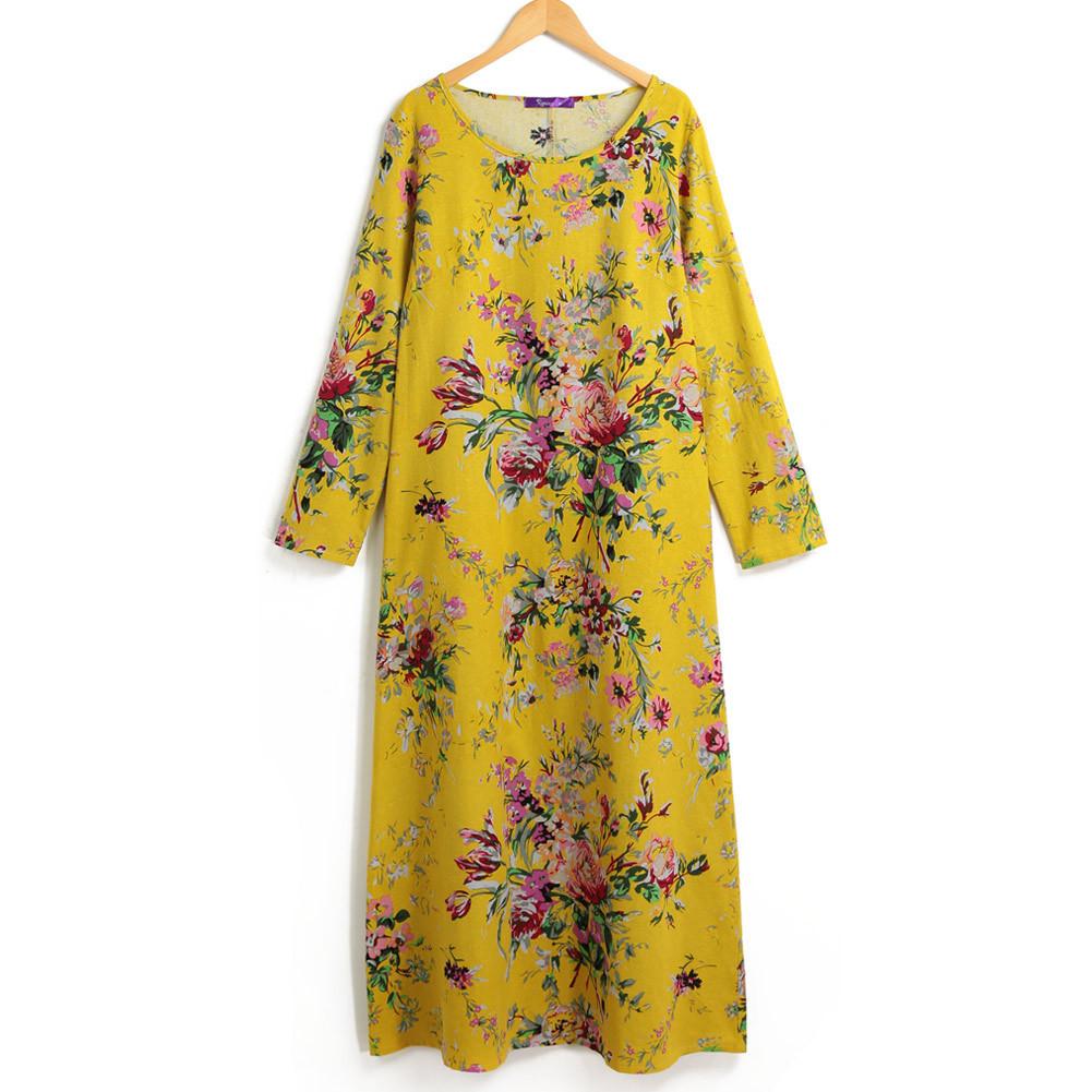 Vintage Women Casual Boho Dress Maxi Loose Long Cotton Dress Floral Sleeve Linen