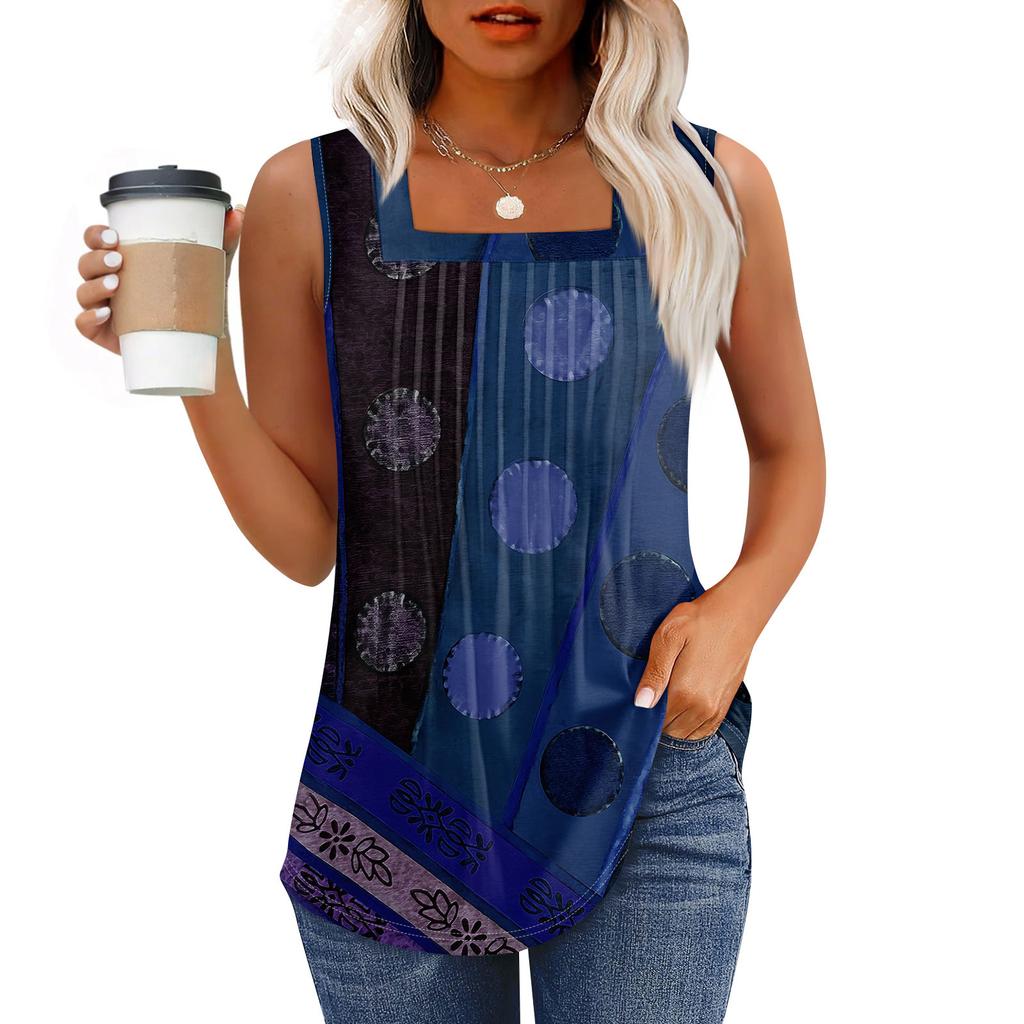 Майка для женщин Летние наряды Без рукавов Блузки с принтом Повседневные свободные рубашки Плиссированные квадратные вырезы
