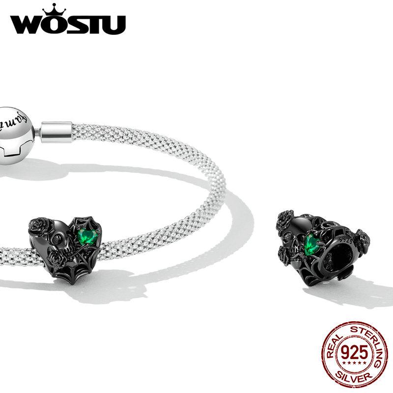WOSTU 925 Sterling Silver Moonlight Rose & Skull Heart-shaped Rose & Letter A Charms Beads for Women DIY Original Bracelet Necklace Fashion Jewelry