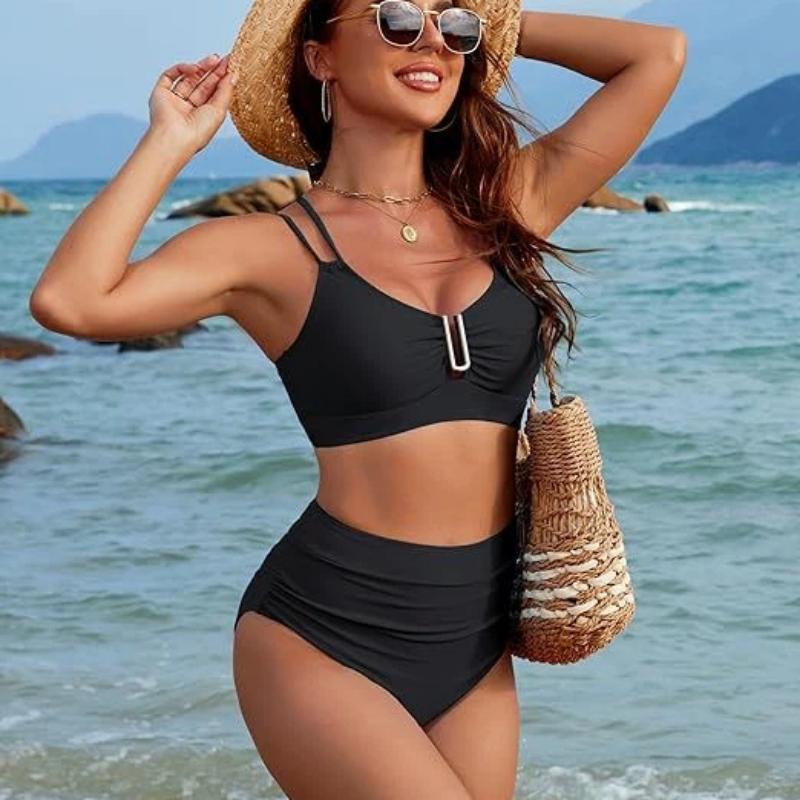 Women's High Waisted Tummy Control Bikini Set Metal U-Ring Ruched Double Strap Black Two Piece Swimwear