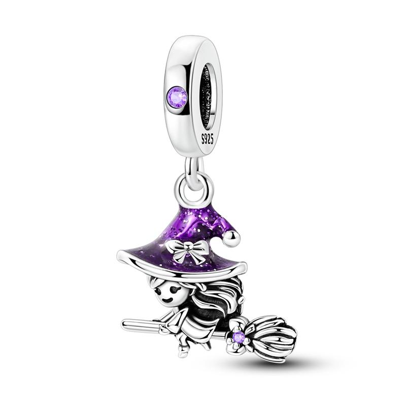 Original 925 Sterling Silver Bead Charm Purple Broom Witch Pendant Fit Original Bracelet Necklace For Women DIY Jewelry Gift