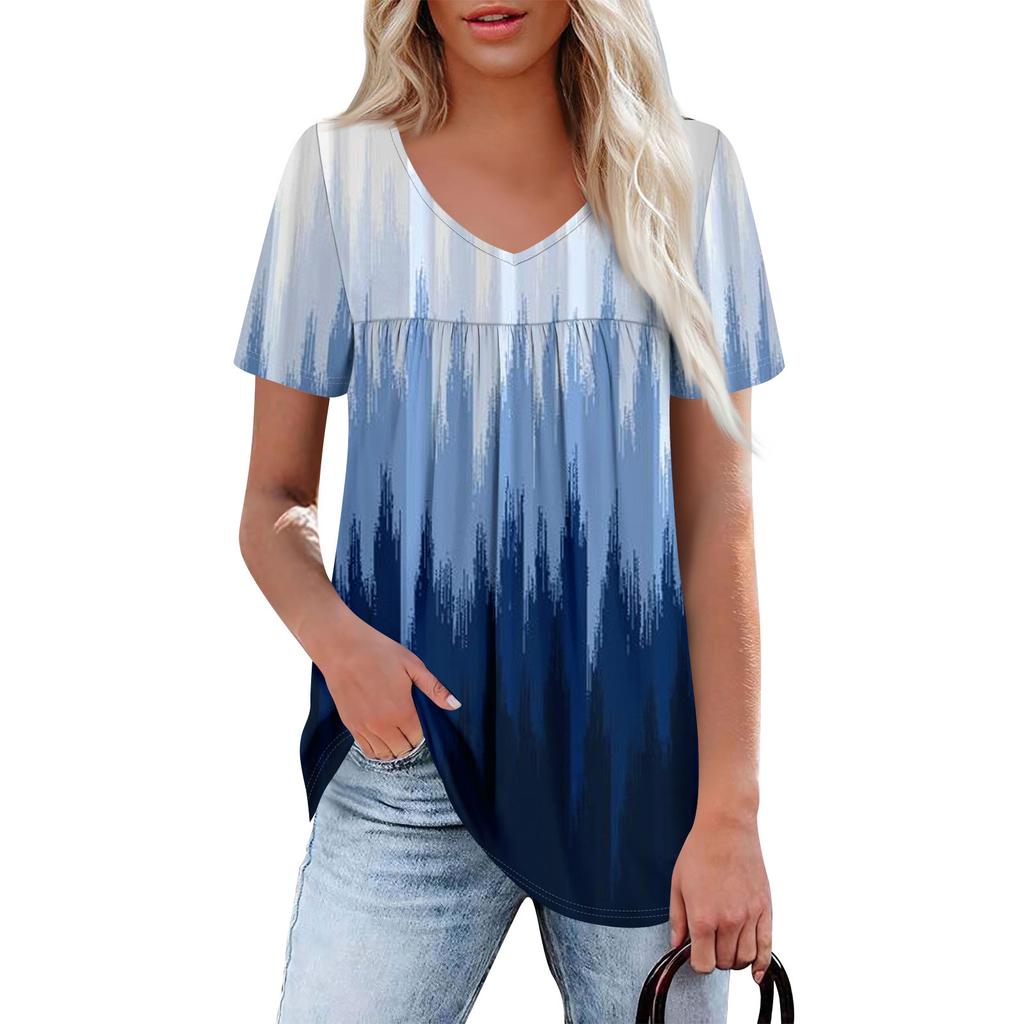 Women's Casual V-Neck Short Sleeve Chest Ruffle Printed Top