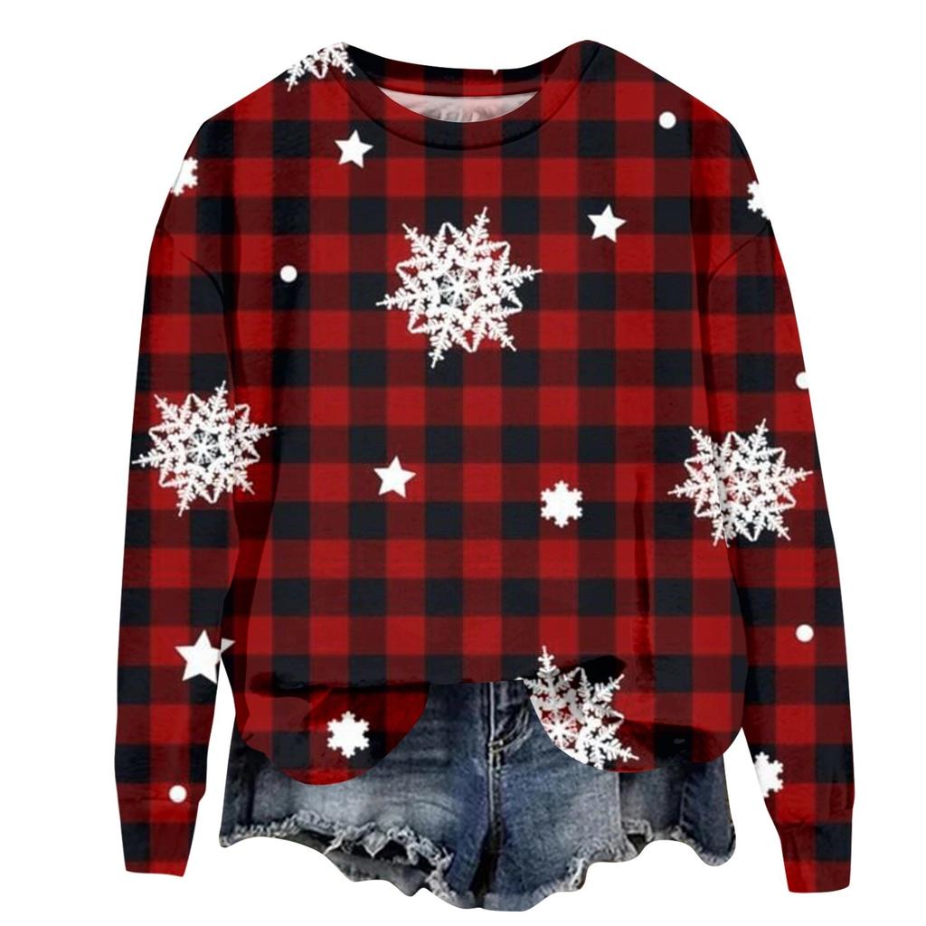 Женская модная рождественская принтованная толстовка с длинным рукавом и круглым вырезом