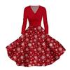 Женское повседневное модное платье с V-образным вырезом и длинными рукавами в стиле ретро с рождественским принтом в стиле ретро, осень
