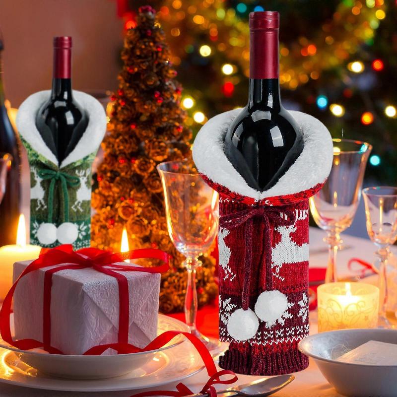 New Christmas Ornaments Plush Knitted Wine Bottle Cover Red Wine Bottle Cap Holiday Home Decoration Wine Cover Set of 3 with Faux Fur Collar