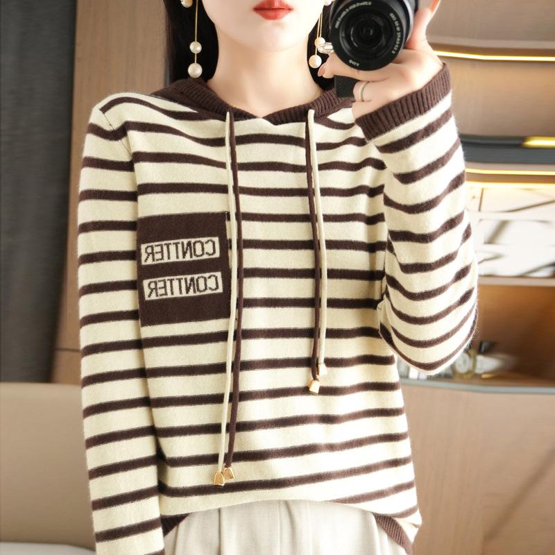 Полосатый вязаный свитер с капюшоном женский осенне-зимний новый свободный повседневный свитер в сочетании цветов носить полосатый свитер